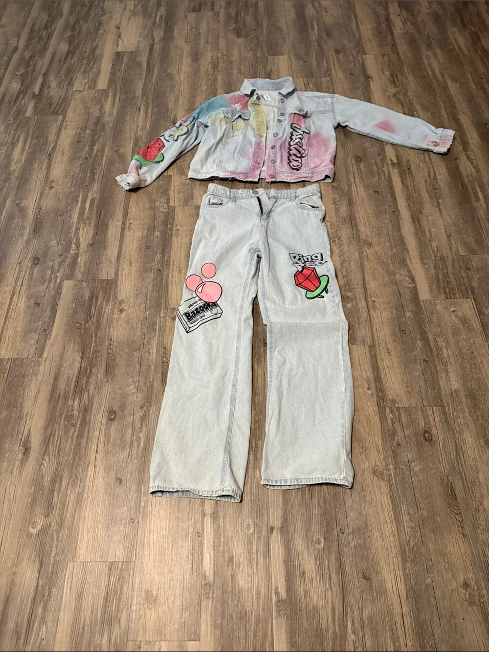 Justice Light Wash Denim Jacket and Jeans Set with Pink, Blue, Yellow Accents